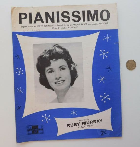 Pianissimo vintage sheet music love song French English lyrics Ruby Murray 1960s